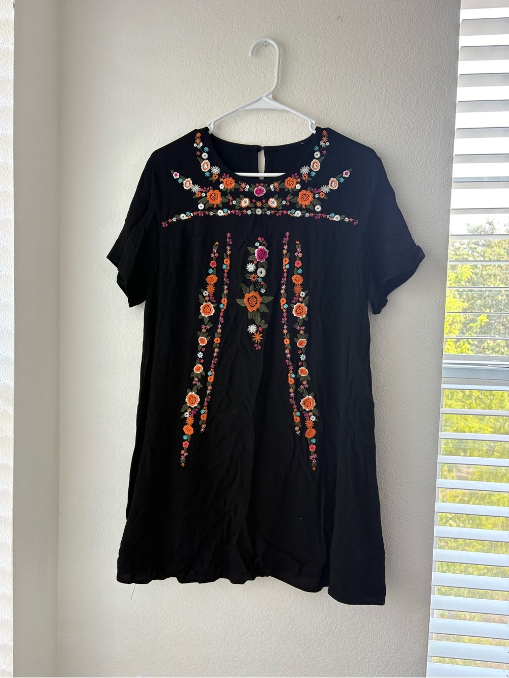 Embroidered Black Floral Shift Dress